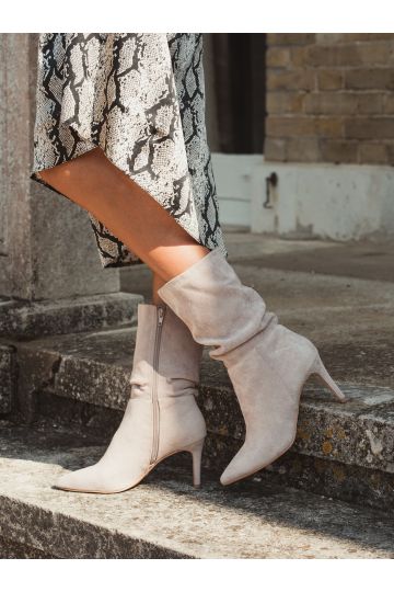 Dekota Grey Mid Heel Point Ruched Ankle Boot