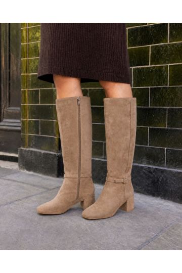 Goldie Brown Block Heel Buckle Detail Knee Boot