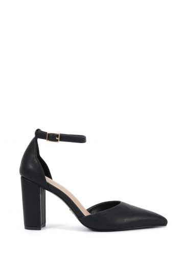 Ivar Black Two Part Block Heel Point Toe Ankle Strap Court Sh
