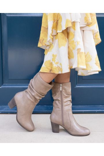 JOANY Taupe Block Heel Slouch Ruched Ankle Boot