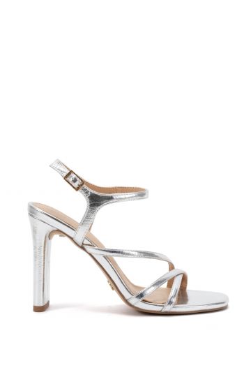 Molly Silver Strappy Slim Block High Heel Sandal