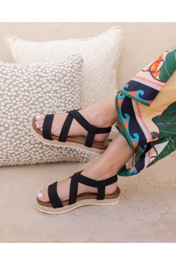 TAMARA Black Elastic Cross Front Espadrille Flat Sandal