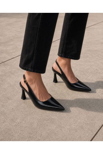 Wide Fit Illy Black Slingback Mid Heel Point Court Shoe