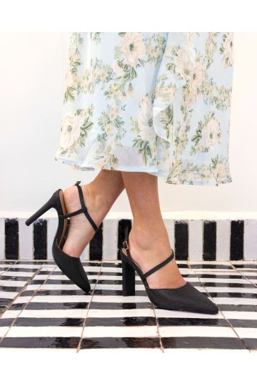 WIDE FIT INDIE Black Weave Asymmetric Slingback Court