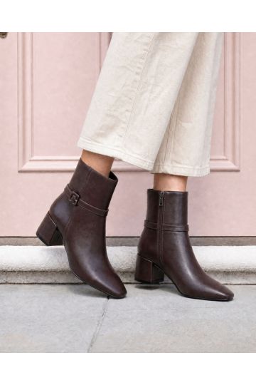 Wide Fit Karla Brown Block Heel Buckle Detail Ankle Boot