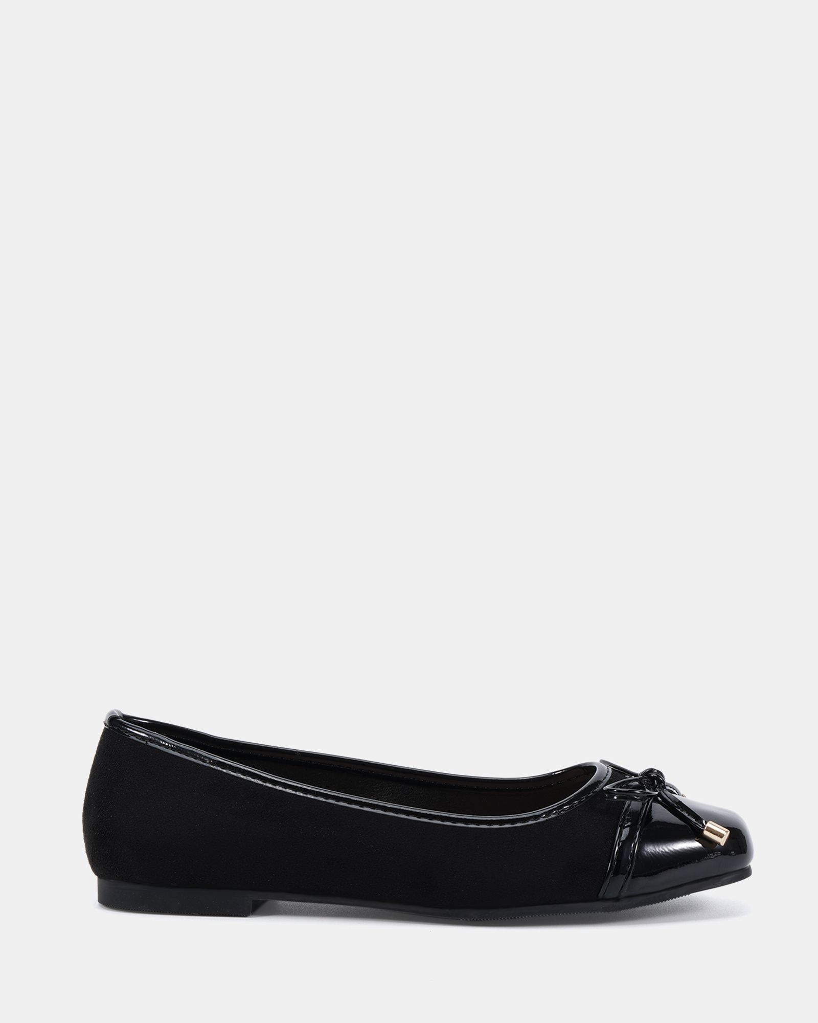 WIDE FIT CAPRICORN Black Soft Square Toe Cap Bow Ballerina