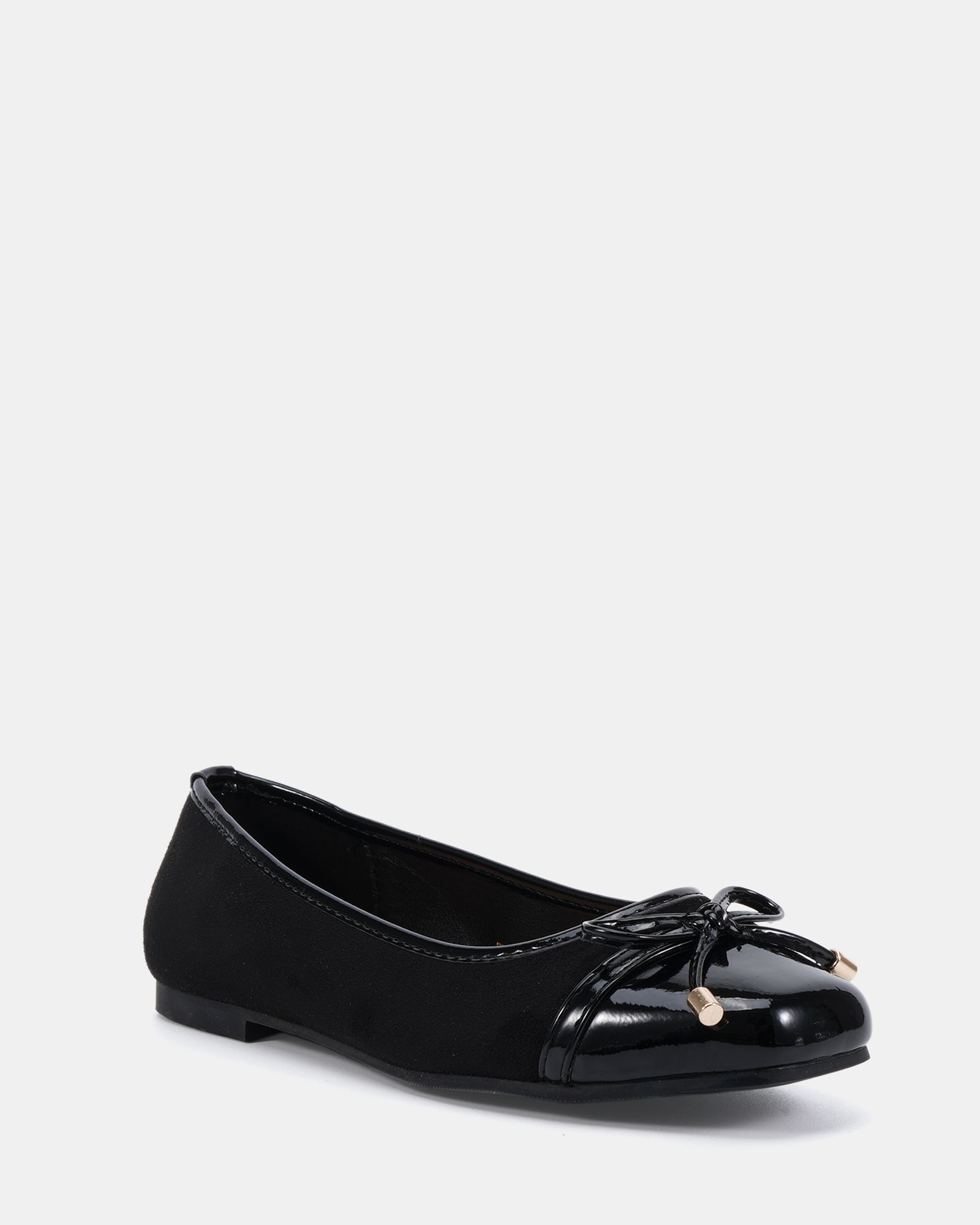 WIDE FIT CAPRICORN Black Soft Square Toe Cap Bow Ballerina