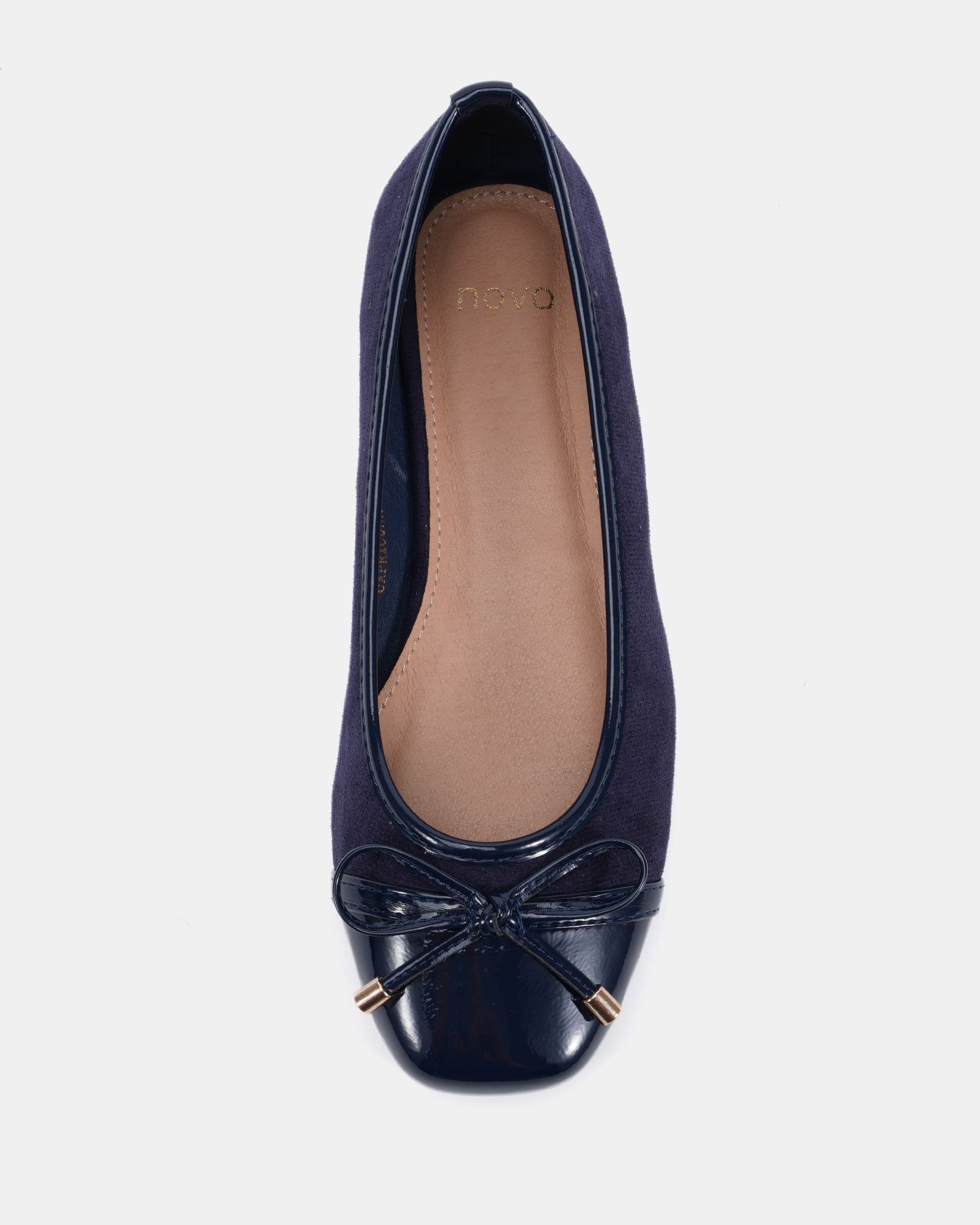 WIDE FIT CAPRICORN Navy Soft Square Toe Cap Bow Ballerina