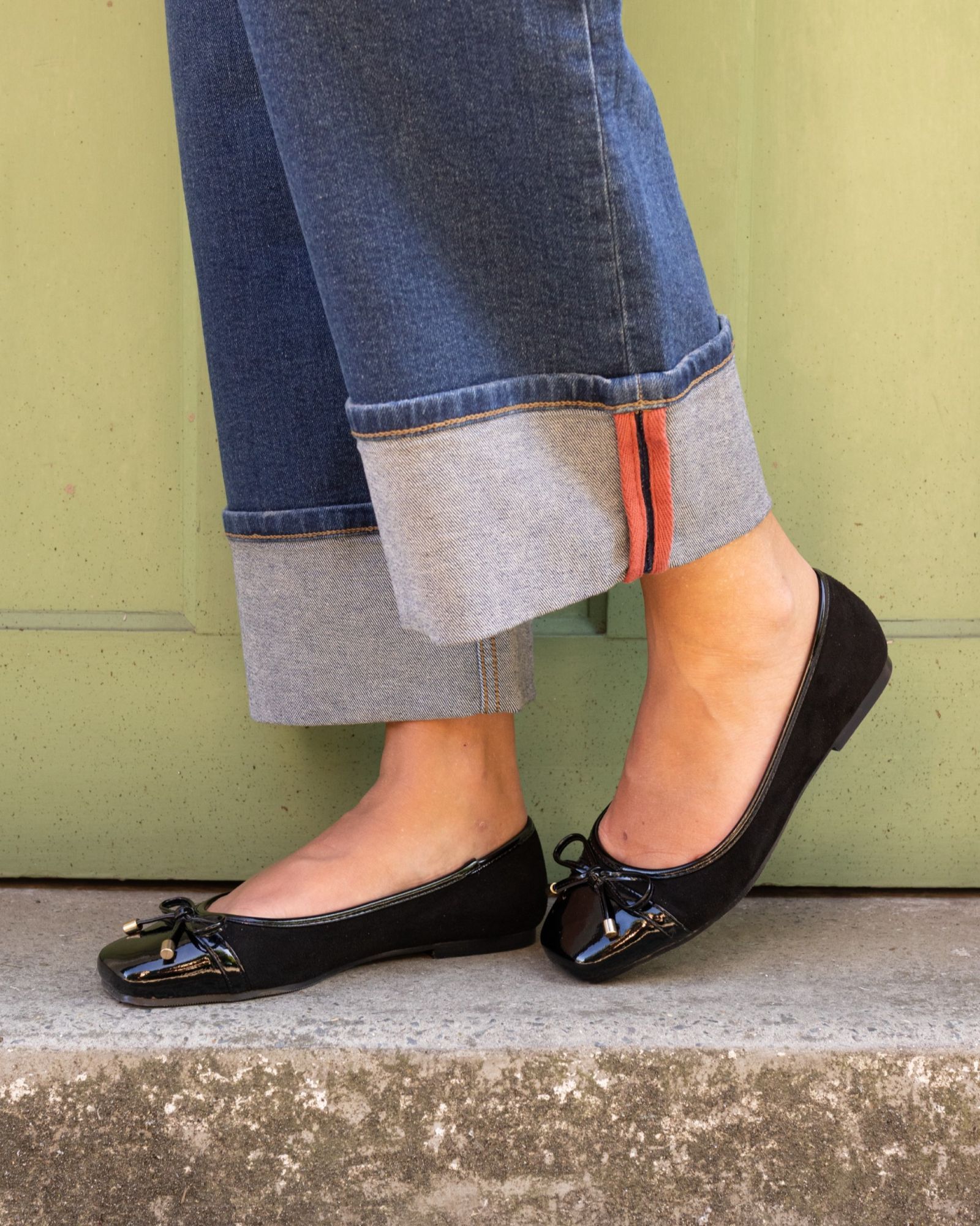 WIDE FIT CAPRICORN Black Soft Square Toe Cap Bow Ballerina