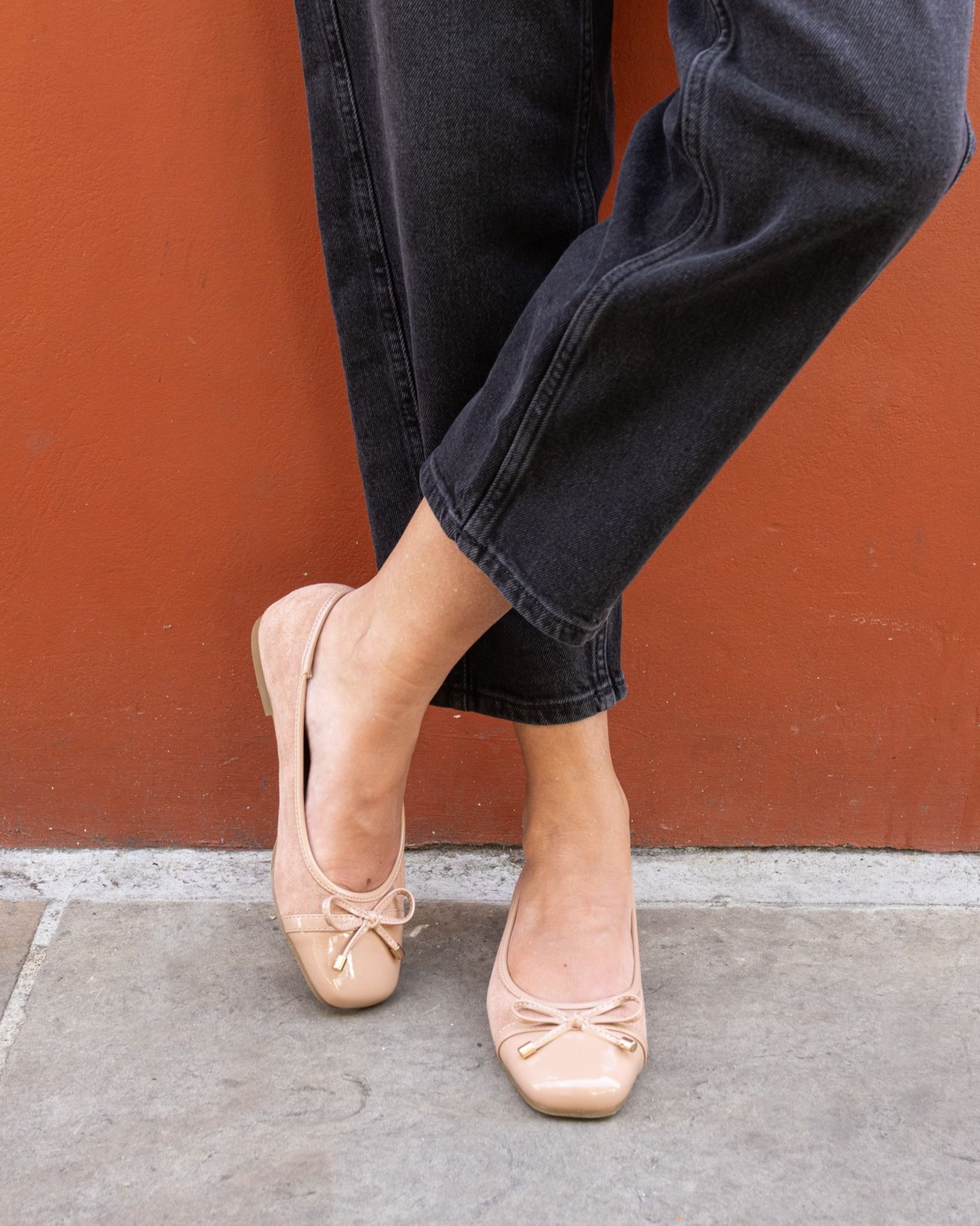 CAPRICORN Nude Soft Square Toe Cap Bow Ballerina