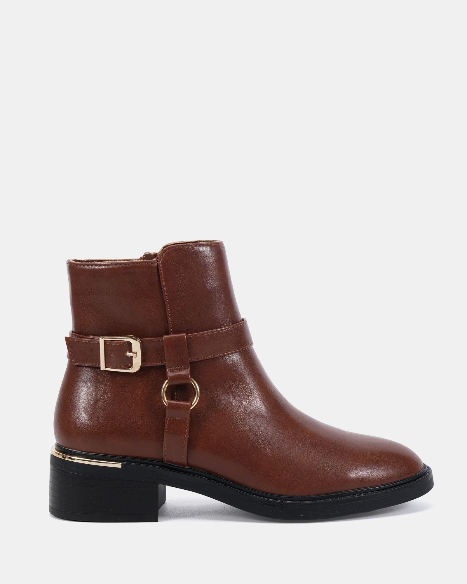 Wide Fit Dora Tan Buckle Ring Detail Flat Ankle Boot