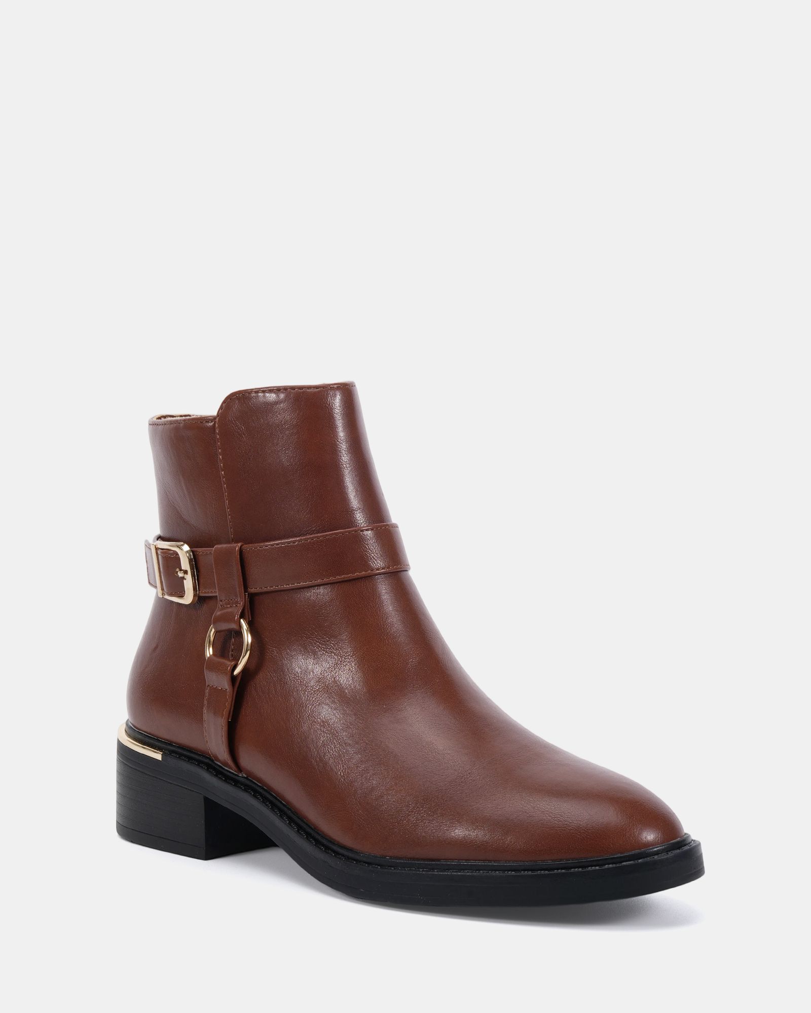 Wide Fit Dora Tan Buckle Ring Detail Flat Ankle Boot