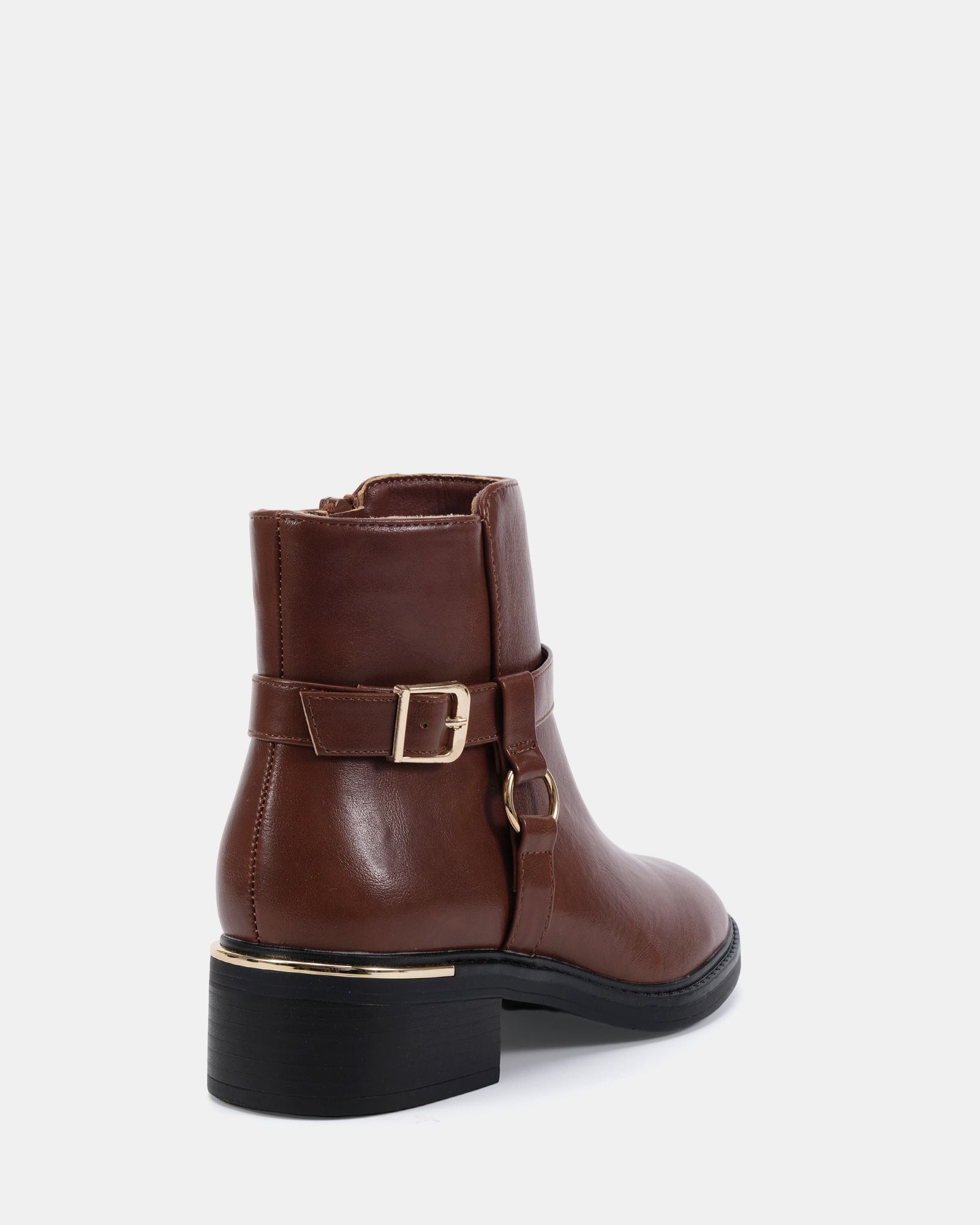 Wide Fit Dora Tan Buckle Ring Detail Flat Ankle Boot