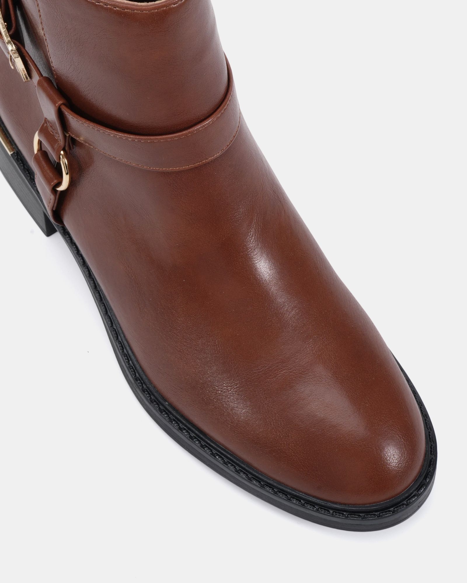 Wide Fit Dora Tan Buckle Ring Detail Flat Ankle Boot