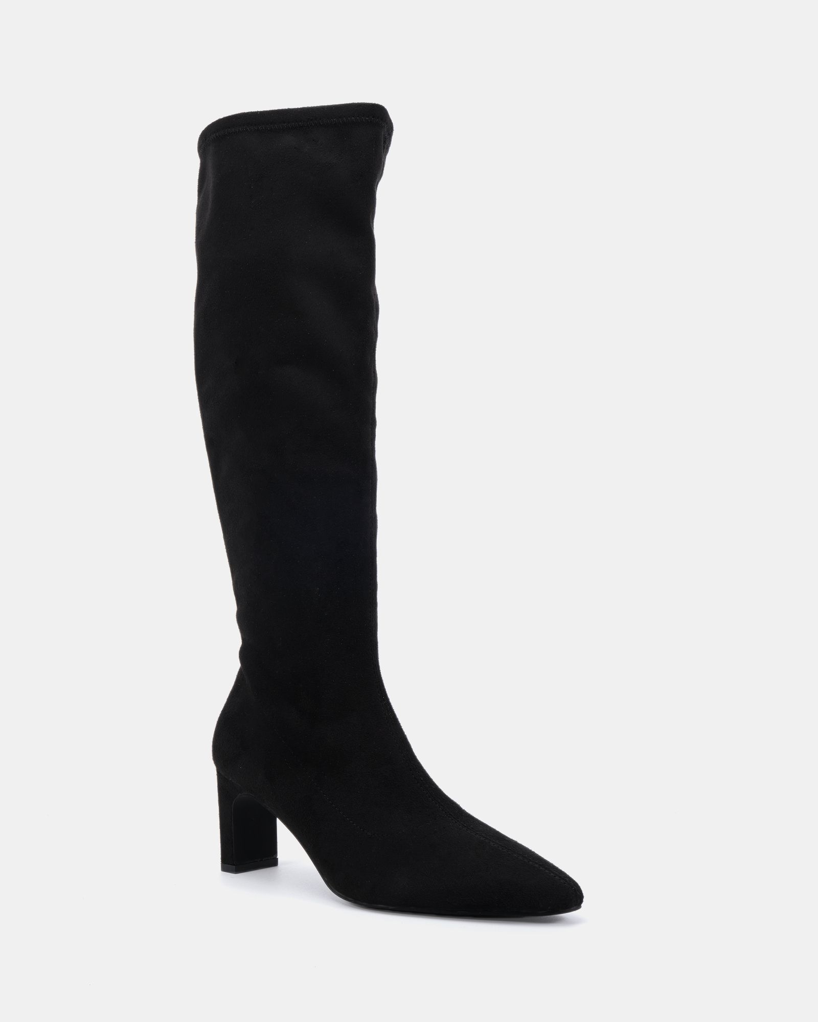 GAZE Black Slim Block Heel Chisel Toe Stretch Knee Boot