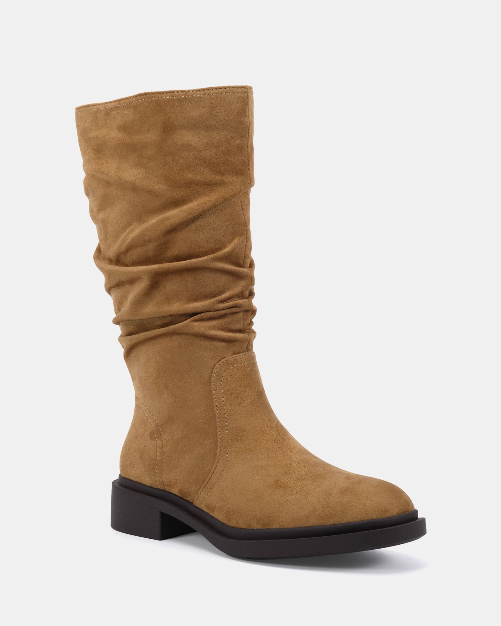Wide Fit Gentle Taupe Flat Ruched Calf Boot