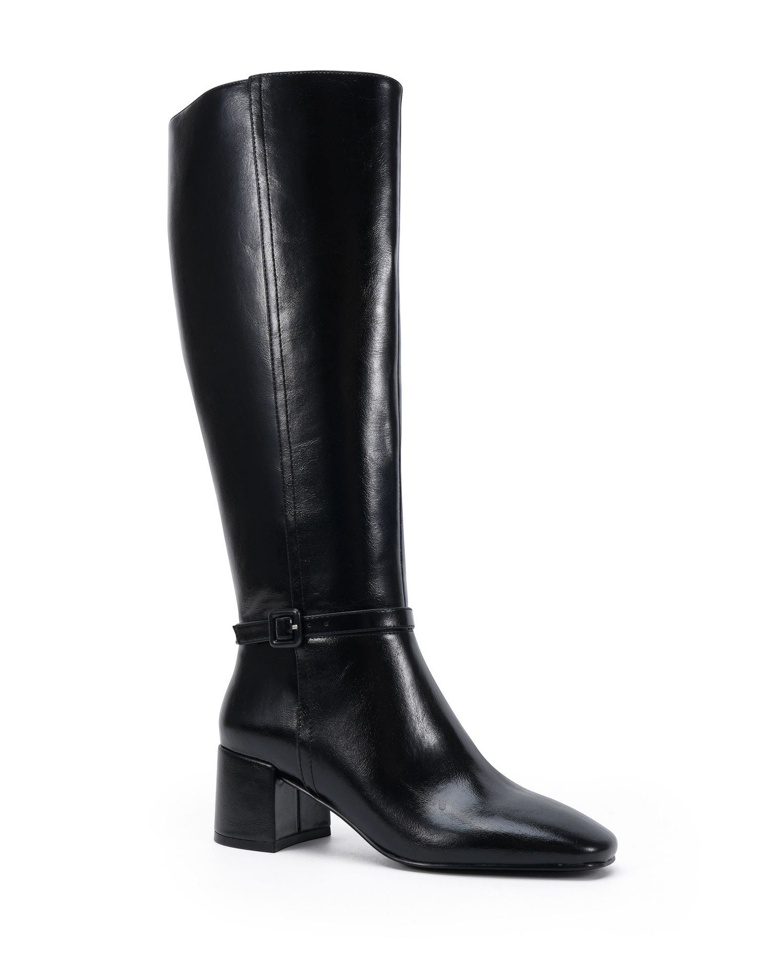 Wide Fit Goldie Black Block Heel Buckle Detail Knee Boot
