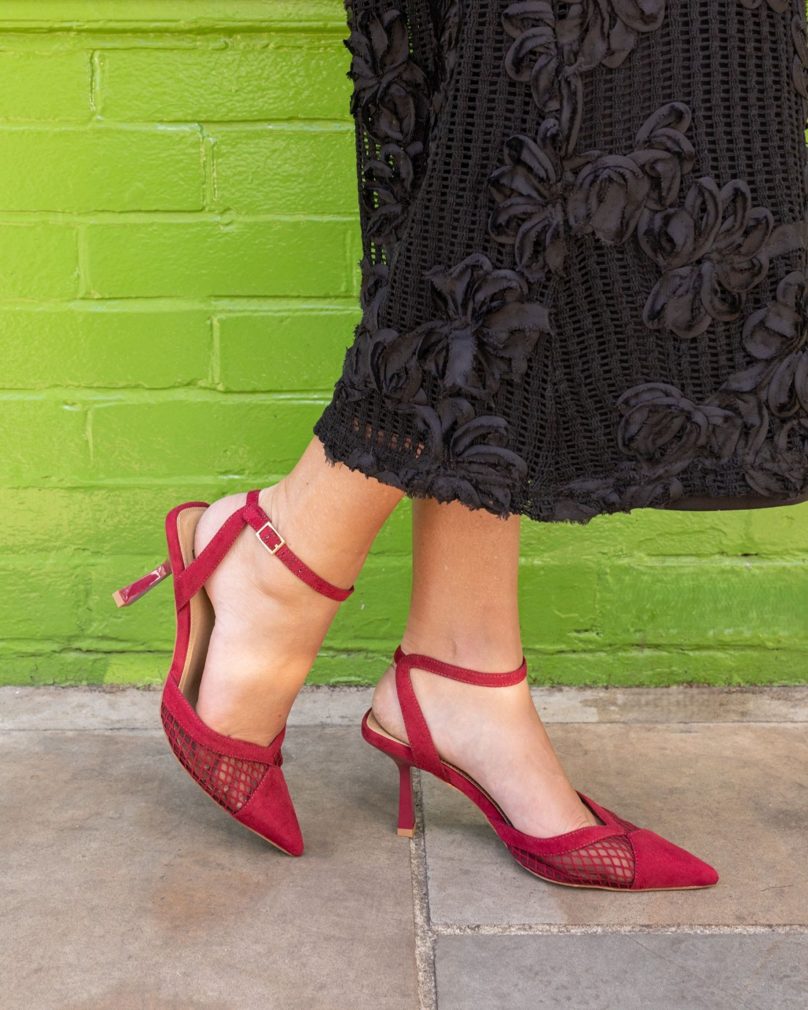 ICY Burgundy Mesh Ankle Strap Stiletto Court