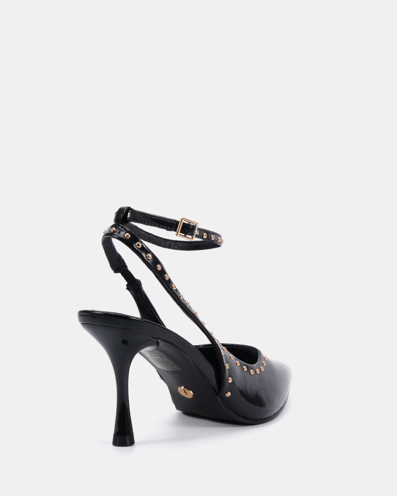 WIDE FIT ITALIA Stud Detail Black Ankle Strap Point Court