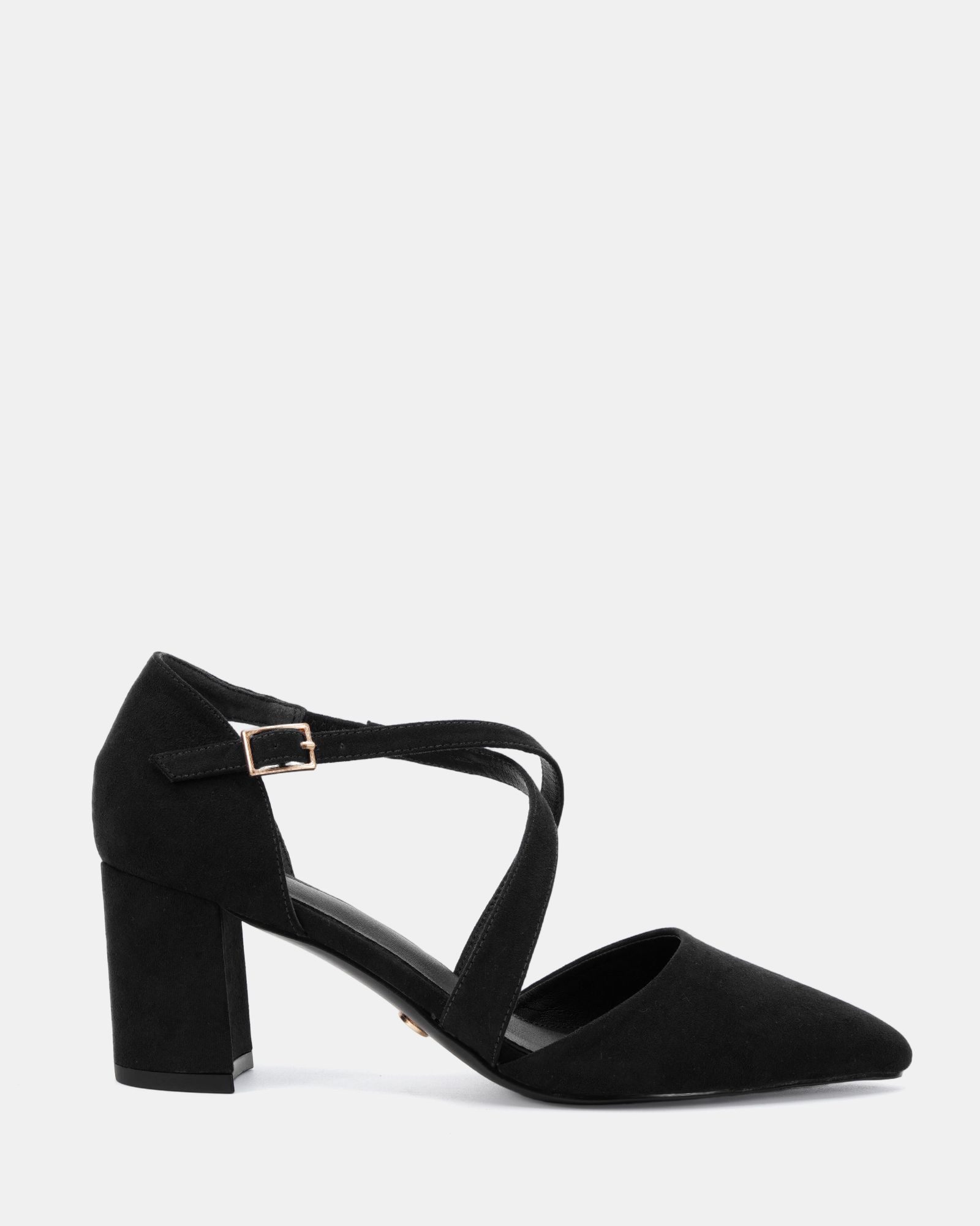 Wide Fit Ivanna Black Block Heel Cross Over Strap Point Court