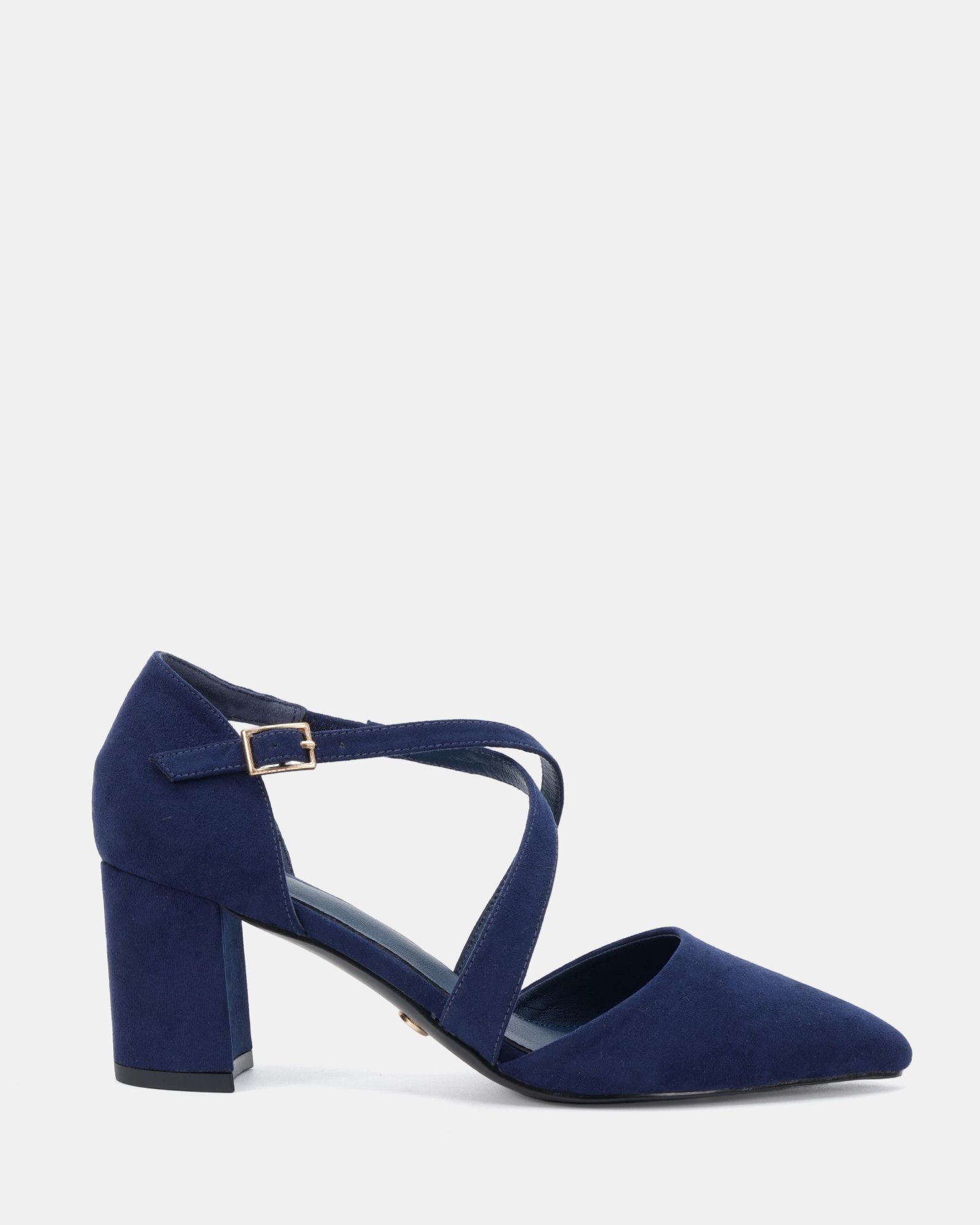 Ivanna Navy Block Heel Cross Over Strap Point Court