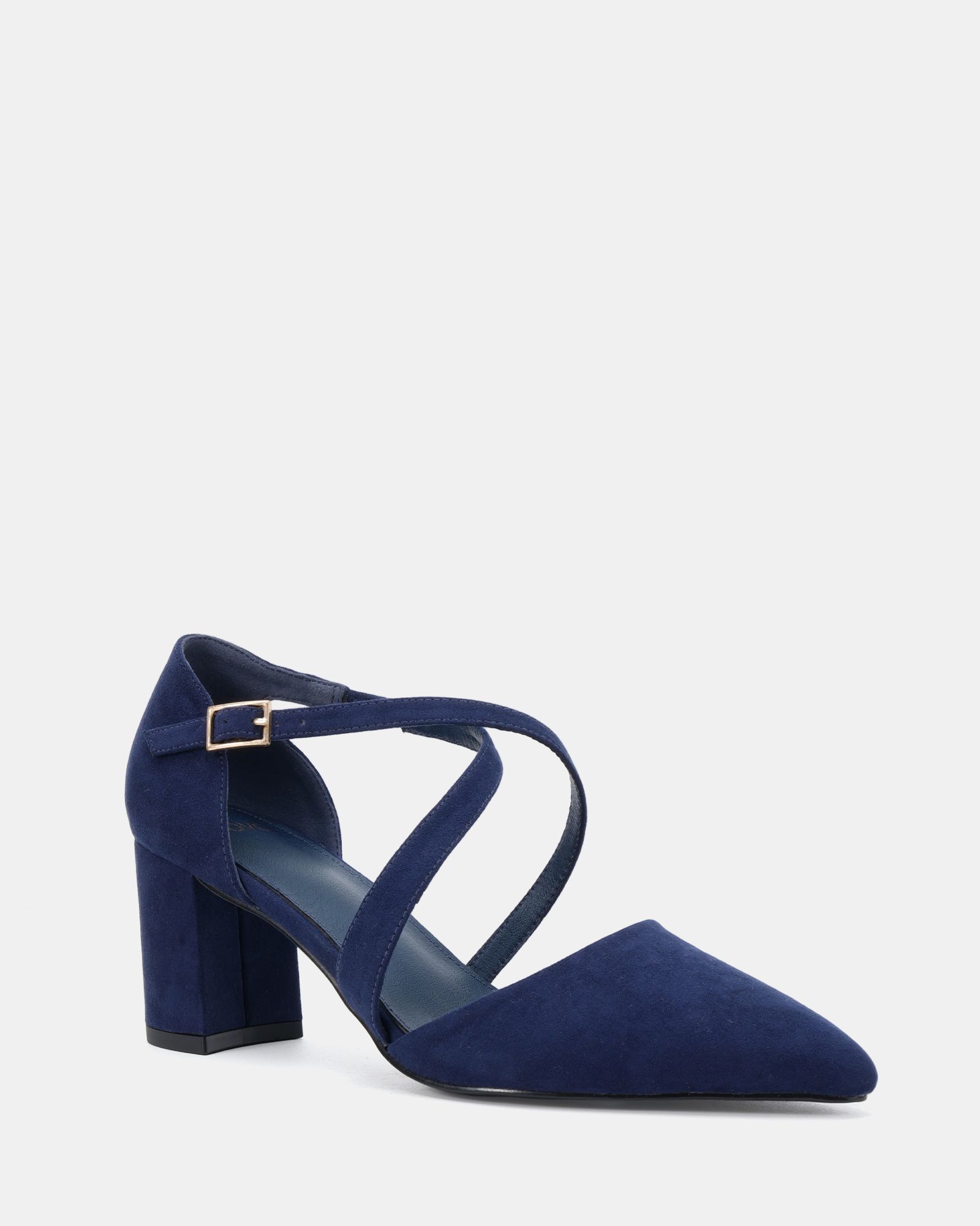 Wide Fit Ivanna Navy Block Heel Cross Over Strap Point Court
