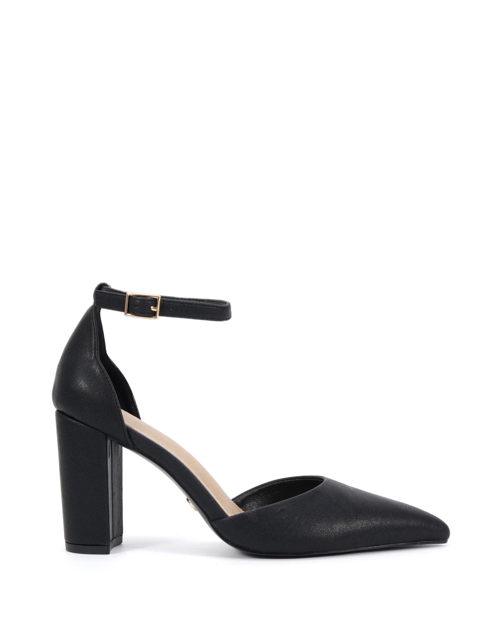 Ivar Black Two Part Block Heel Point Toe Ankle Strap Court Sh
