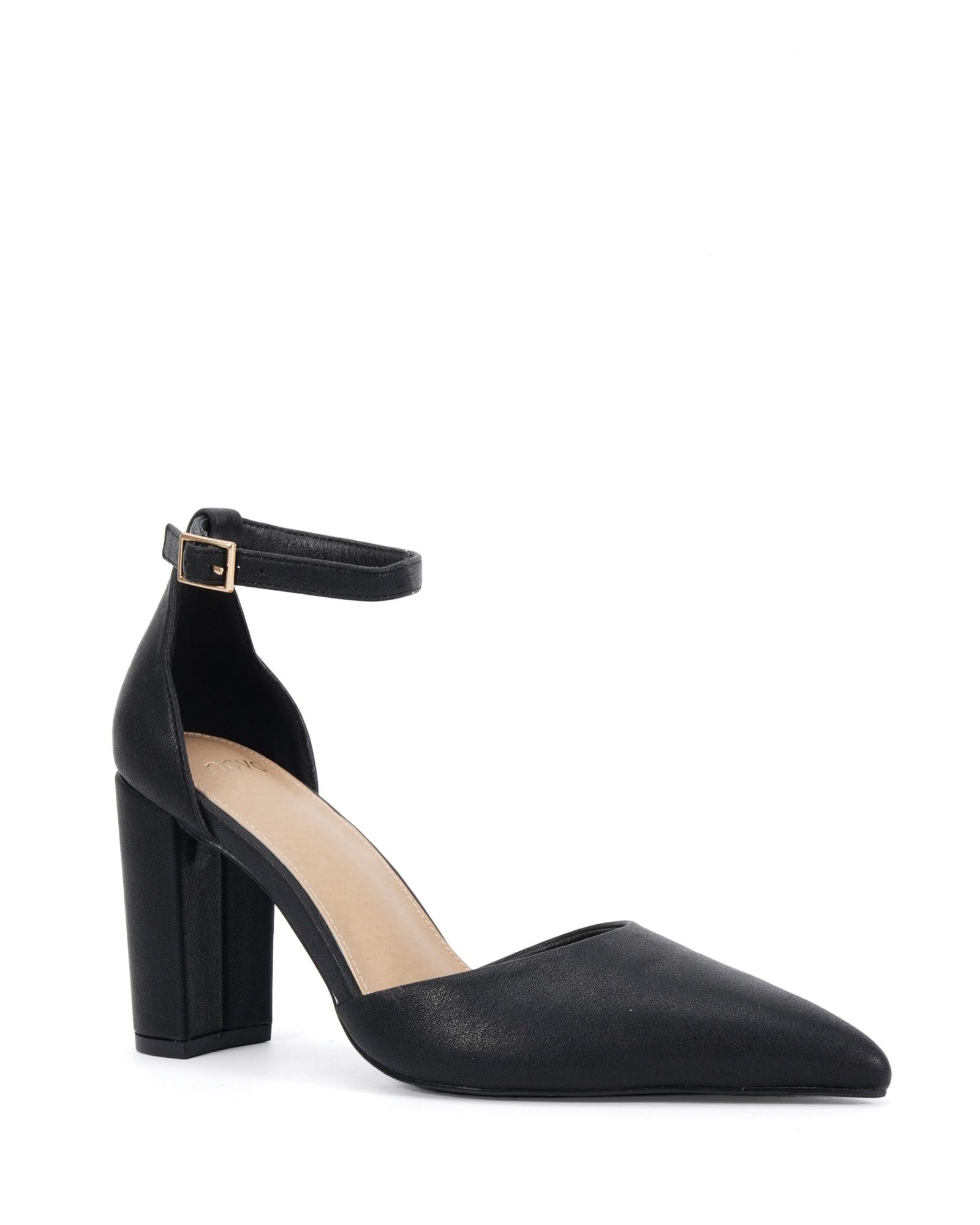Ivar Black Two Part Block Heel Point Toe Ankle Strap Court Sh