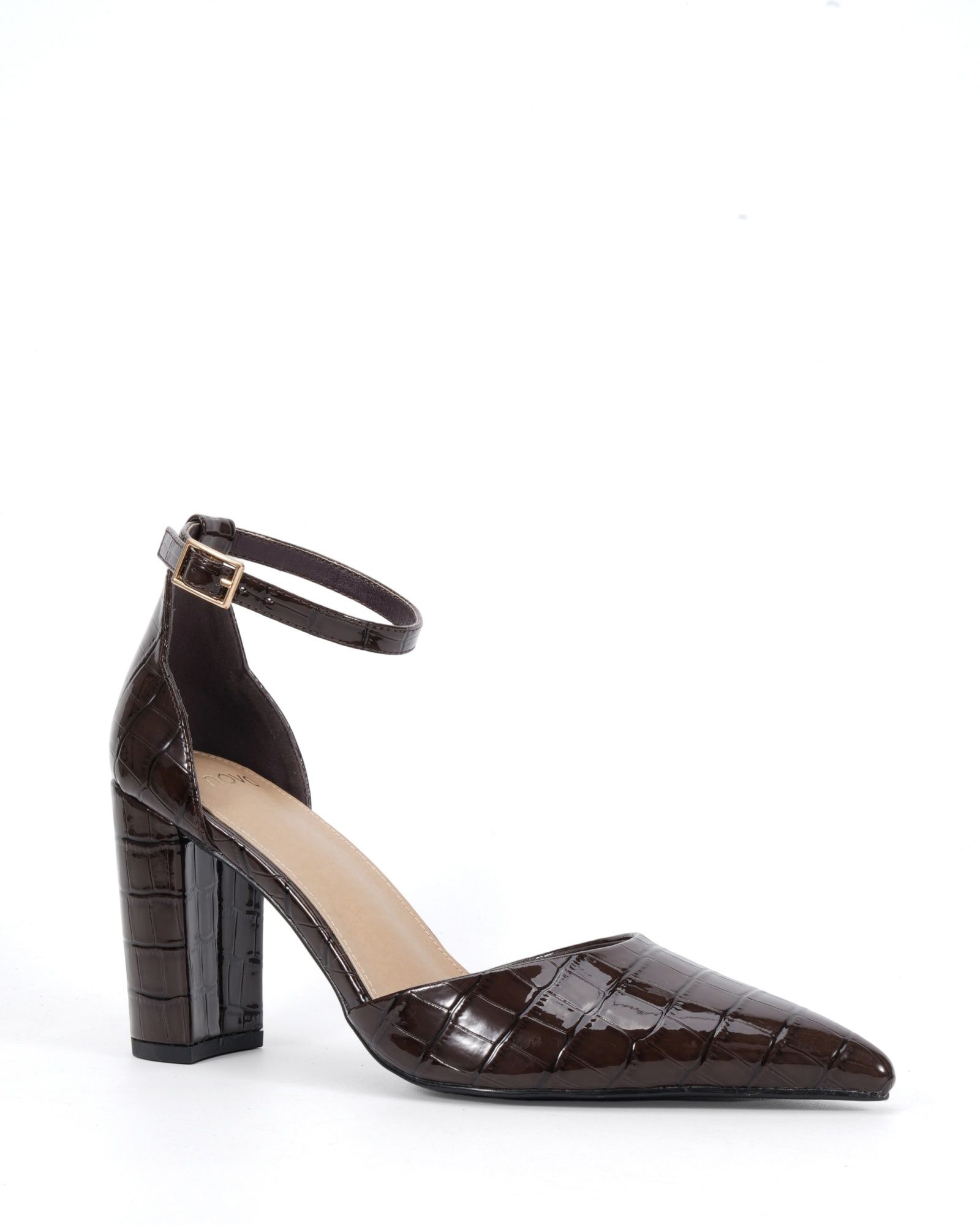 Ivar Brown Two Part Block Heel Point Toe Ankle Strap Court Sh