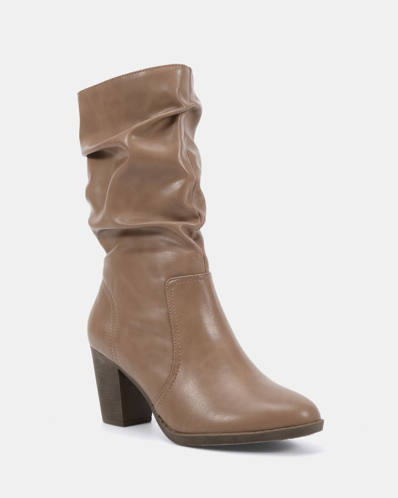 JOANY Taupe Block Heel Slouch Ruched Ankle Boot