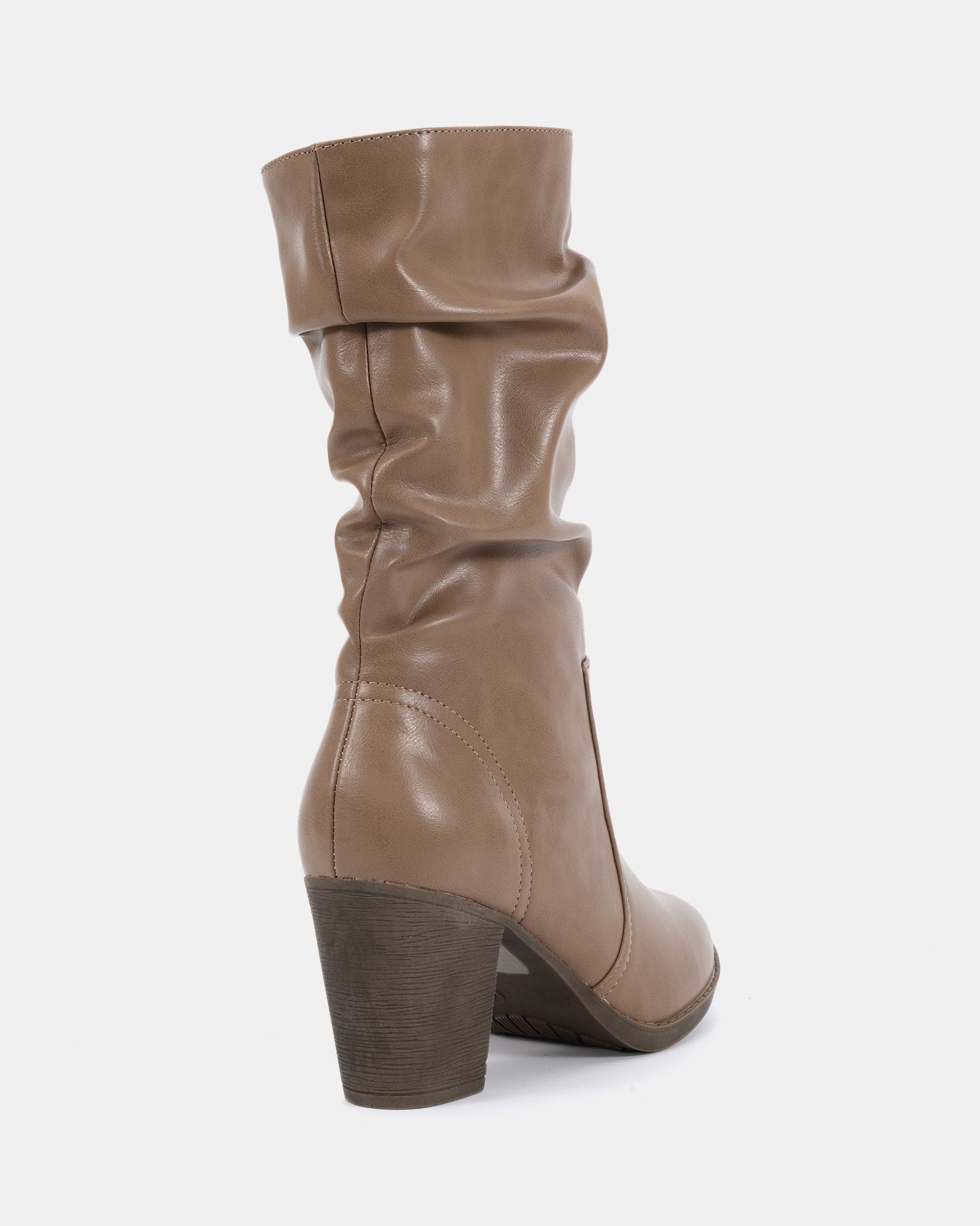 JOANY Taupe Block Heel Slouch Ruched Ankle Boot