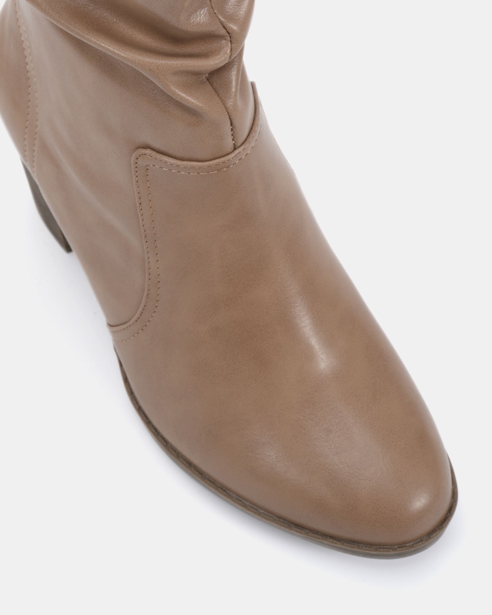 JOANY Taupe Block Heel Slouch Ruched Ankle Boot