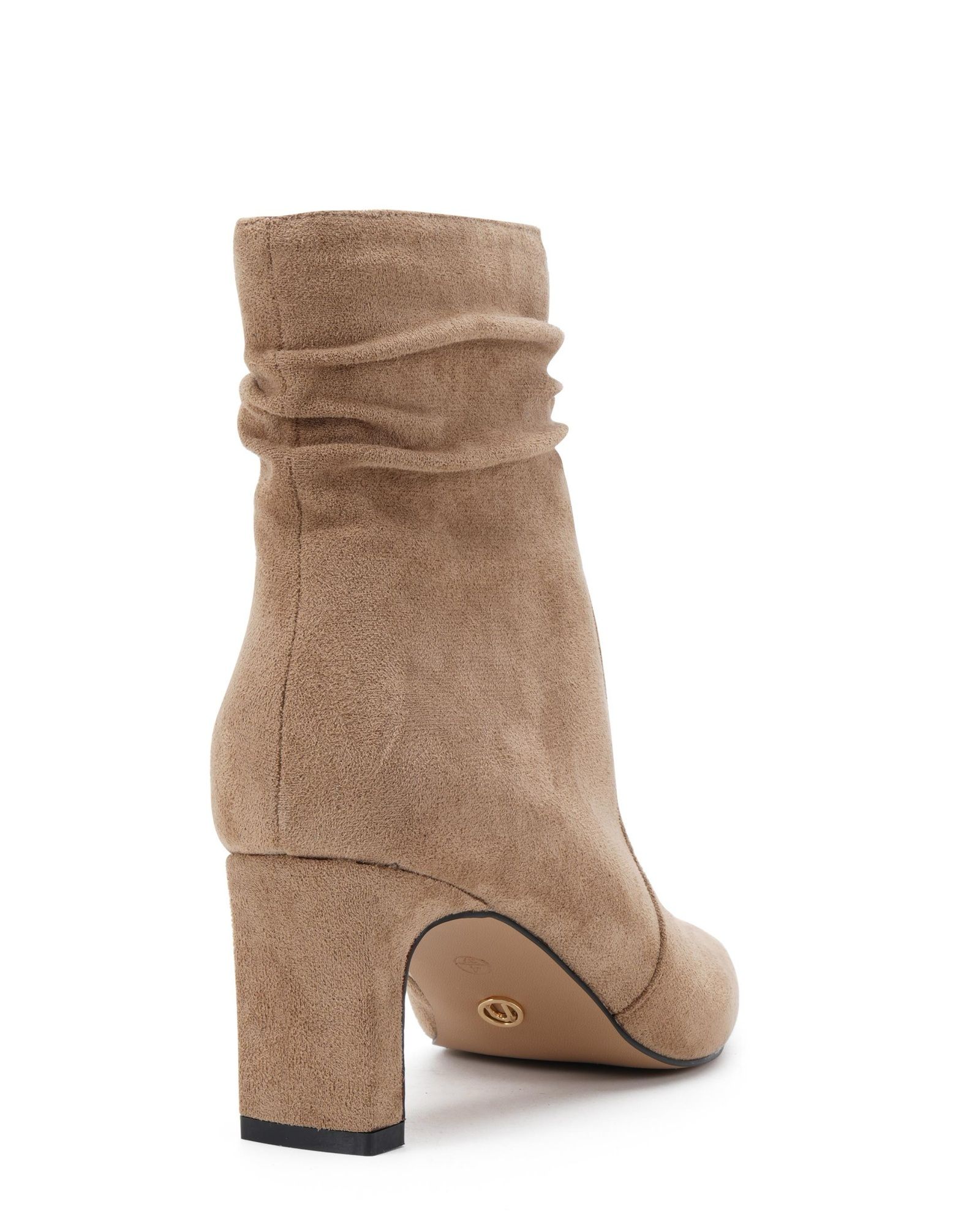 Kallie Taupe Ruched Ankle Mid Slim Block Boot