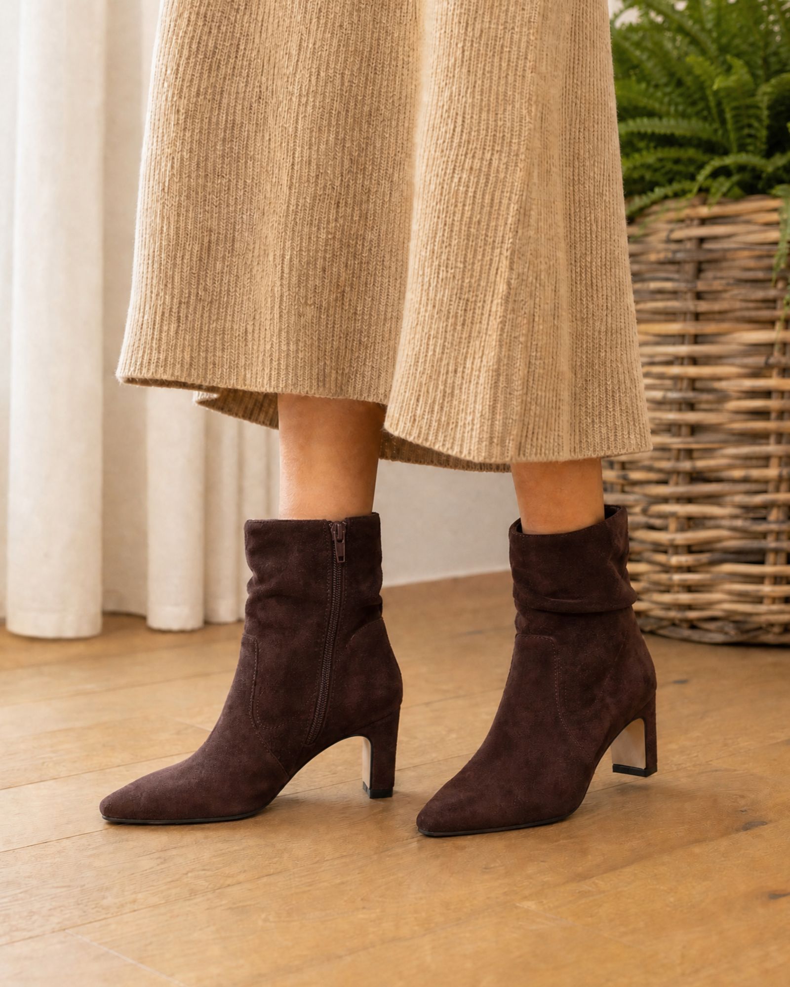 Kallie Brown Ruched Ankle Mid Slim Block Boot