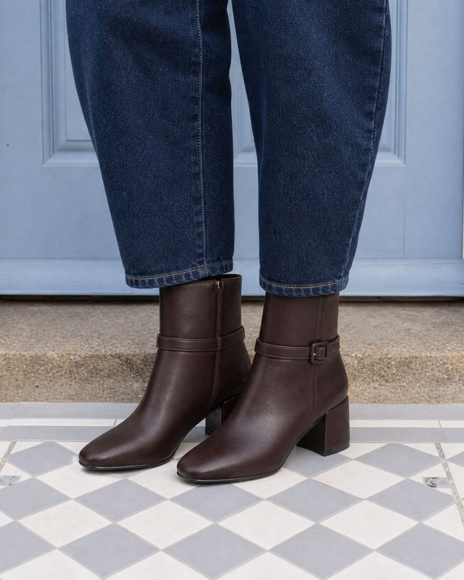 Karla Brown Block Heel Buckle Detail Ankle Boot