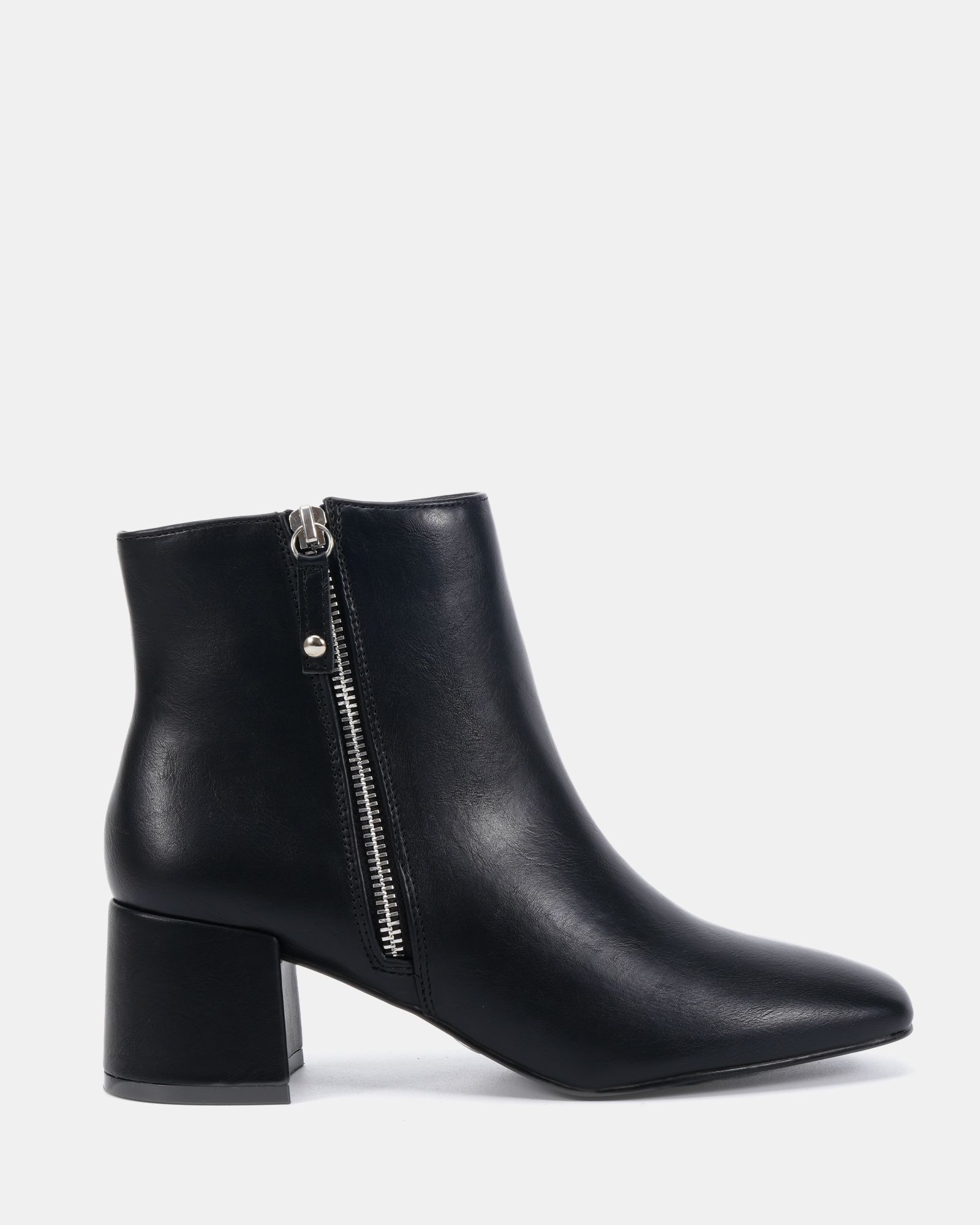 KATE Black Zip Side Square Toe Block Heel Ankle Boot