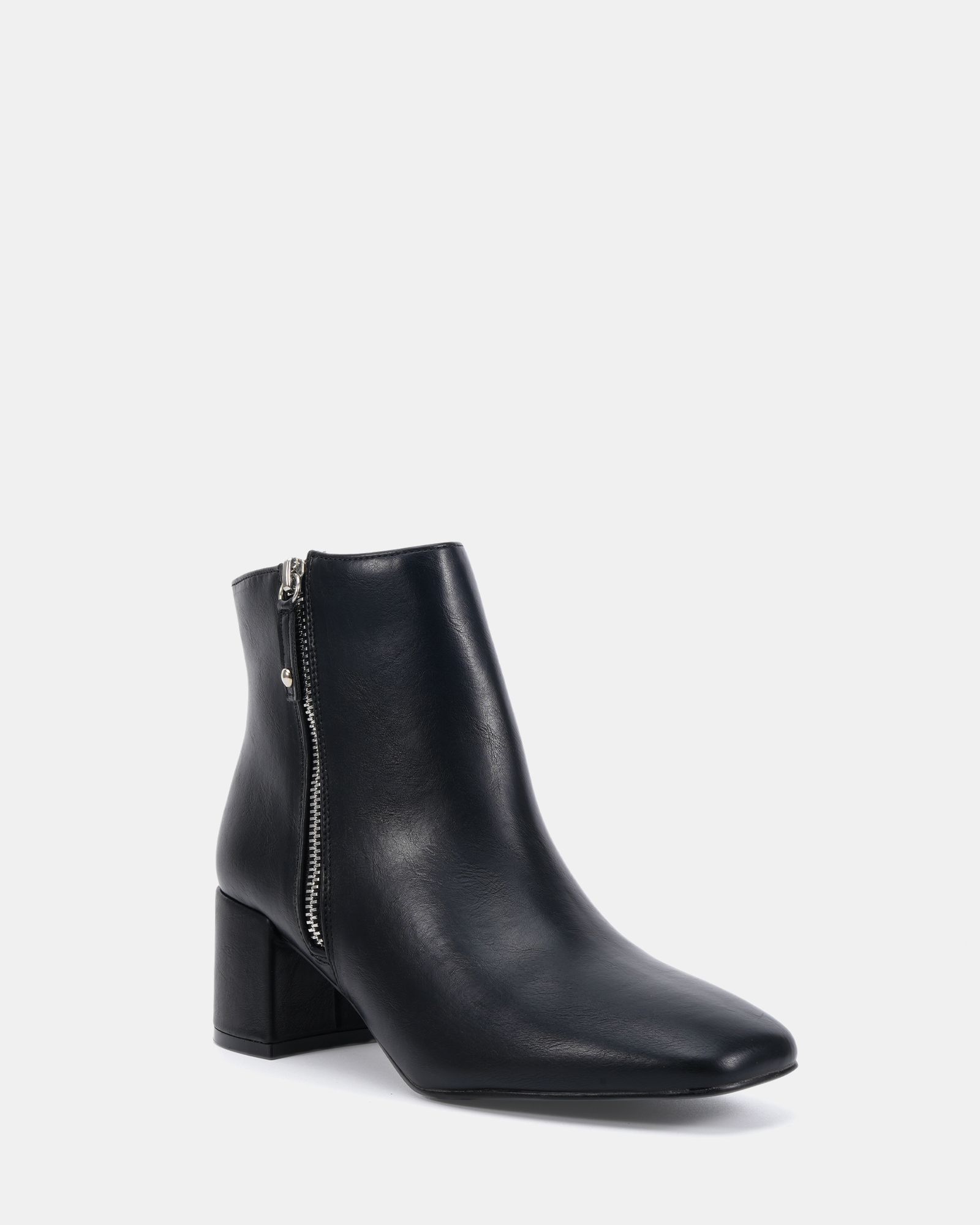 KATE Black Zip Side Square Toe Block Heel Ankle Boot