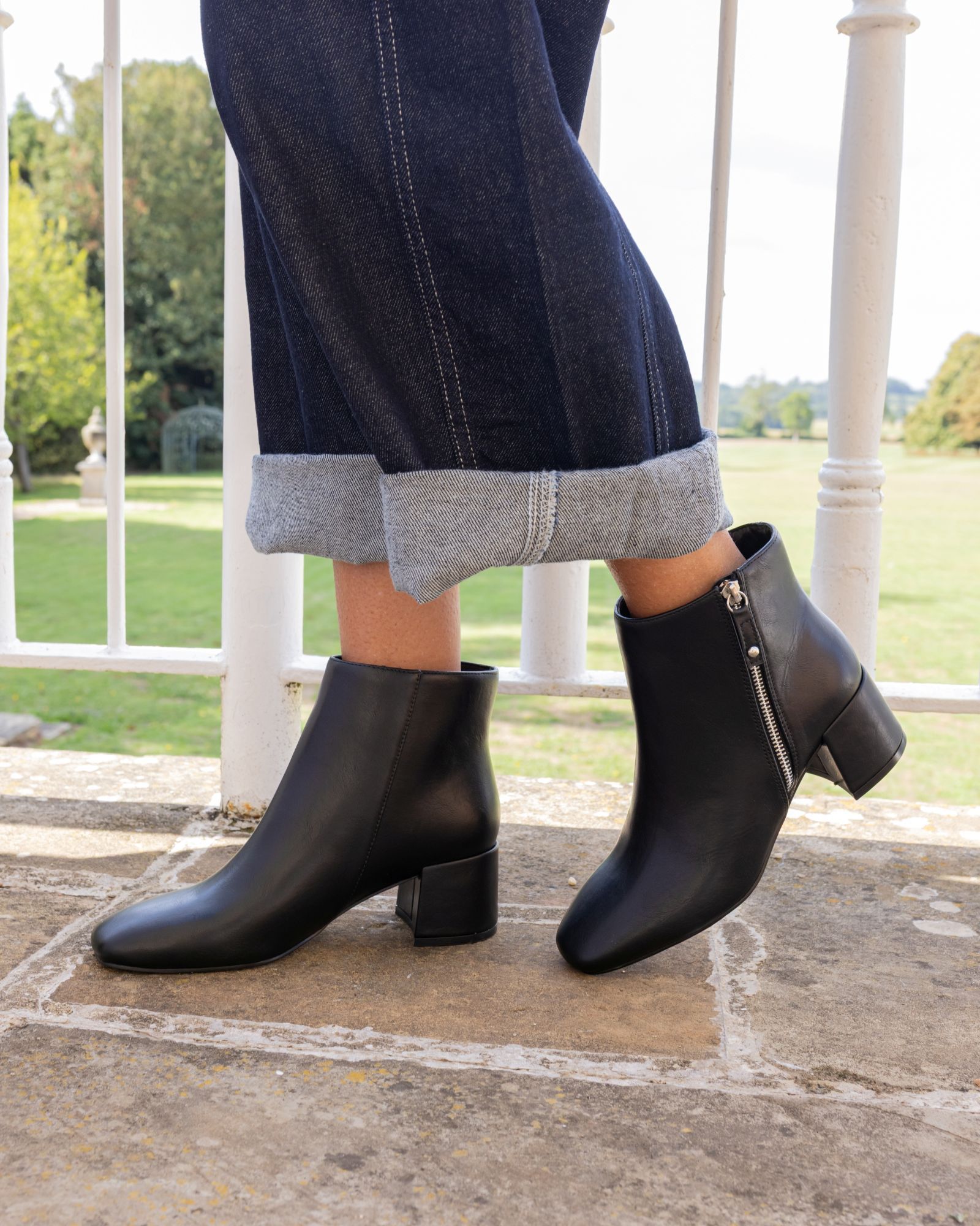 KATE Black Zip Side Square Toe Block Heel Ankle Boot