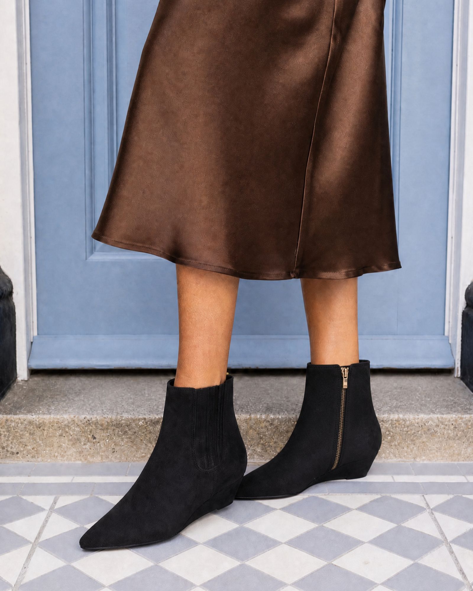 Klarissa Black Low Wedge Chisel Toe Chelsea Ankle Boot