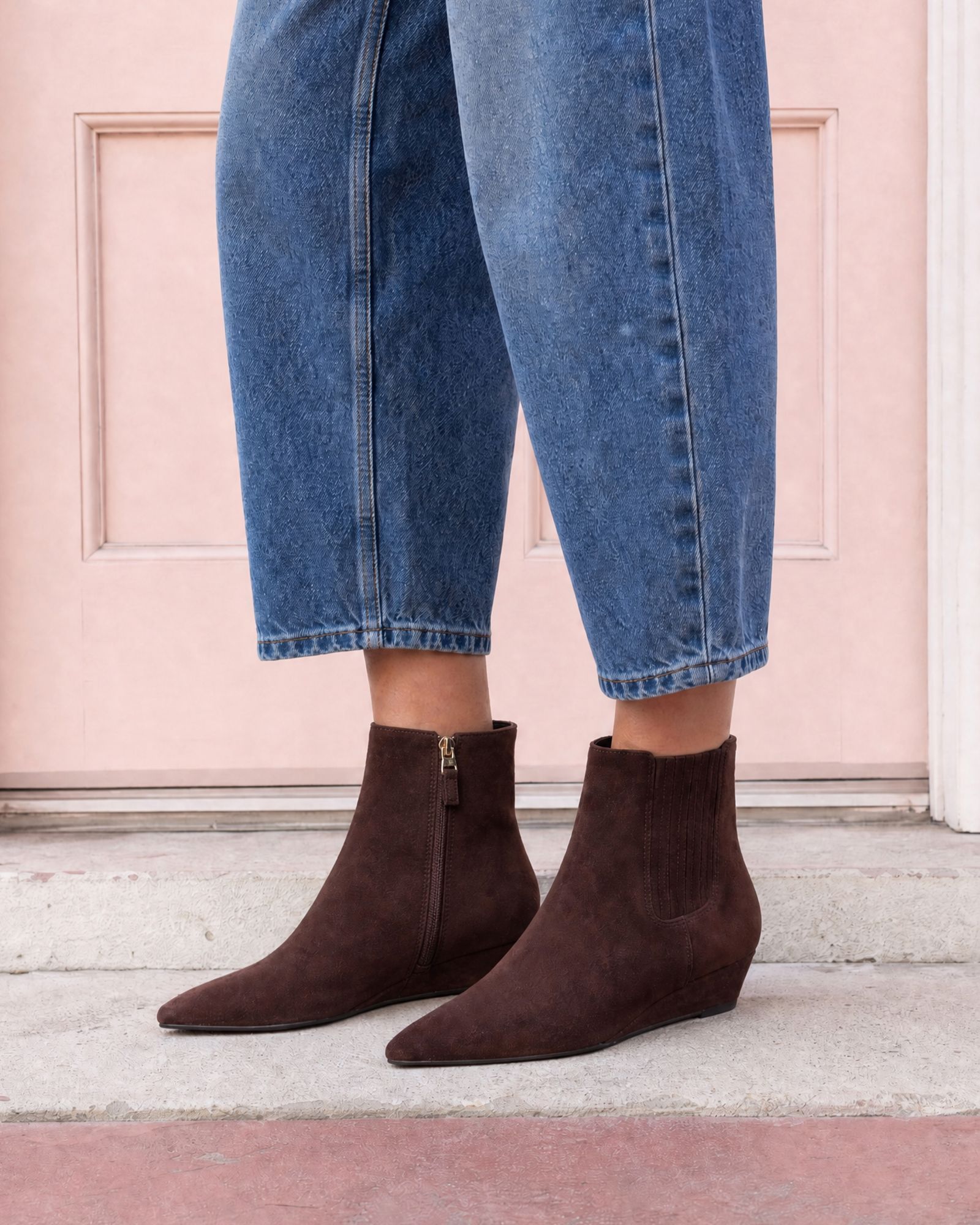 Klarissa Brown Low Wedge Chisel Toe Chelsea Ankle Boot