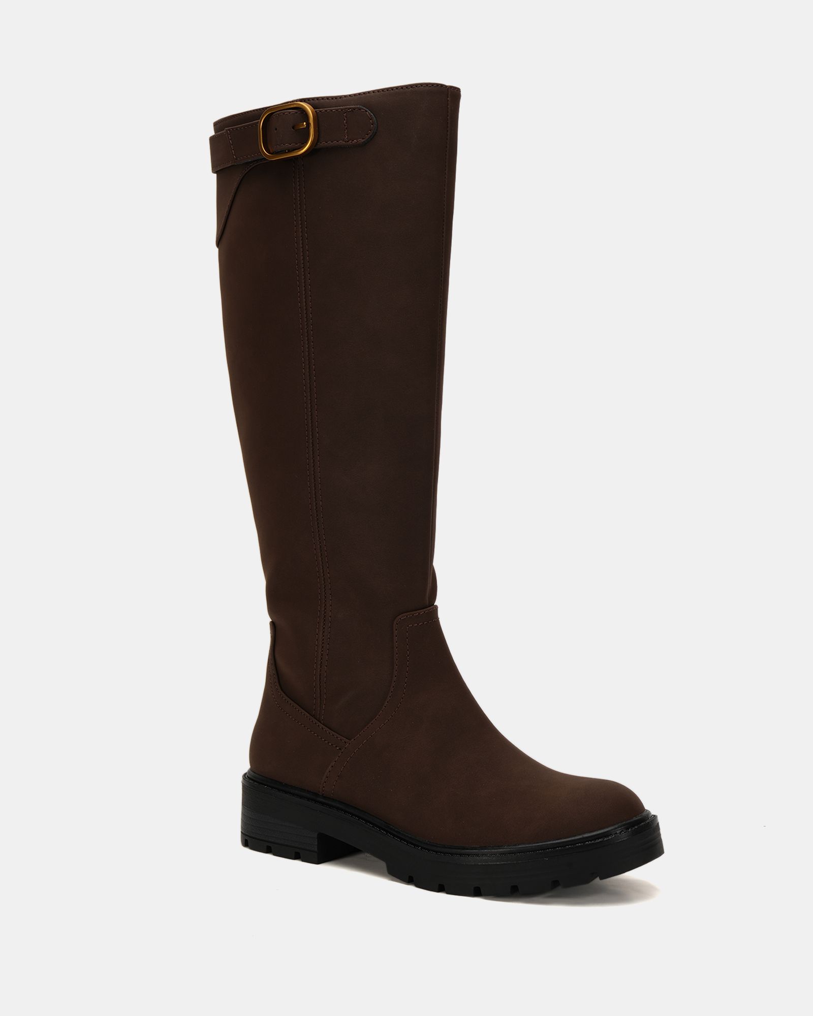 Giovanna Brown flat knee buckle boot