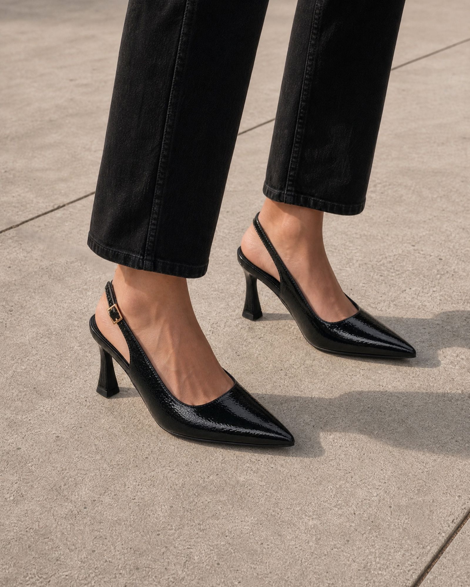 Wide Fit Illy Black Slingback Mid Heel Point Court Shoe