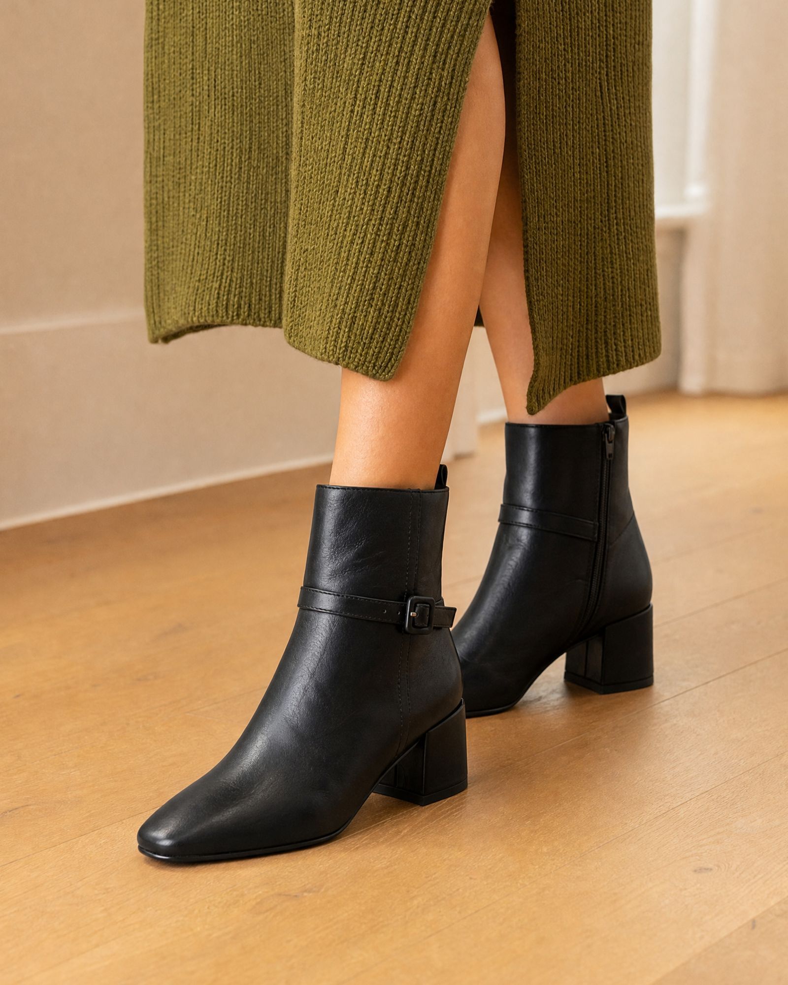 Wide Fit Karla Black Block Heel Buckle Detail Ankle Boot
