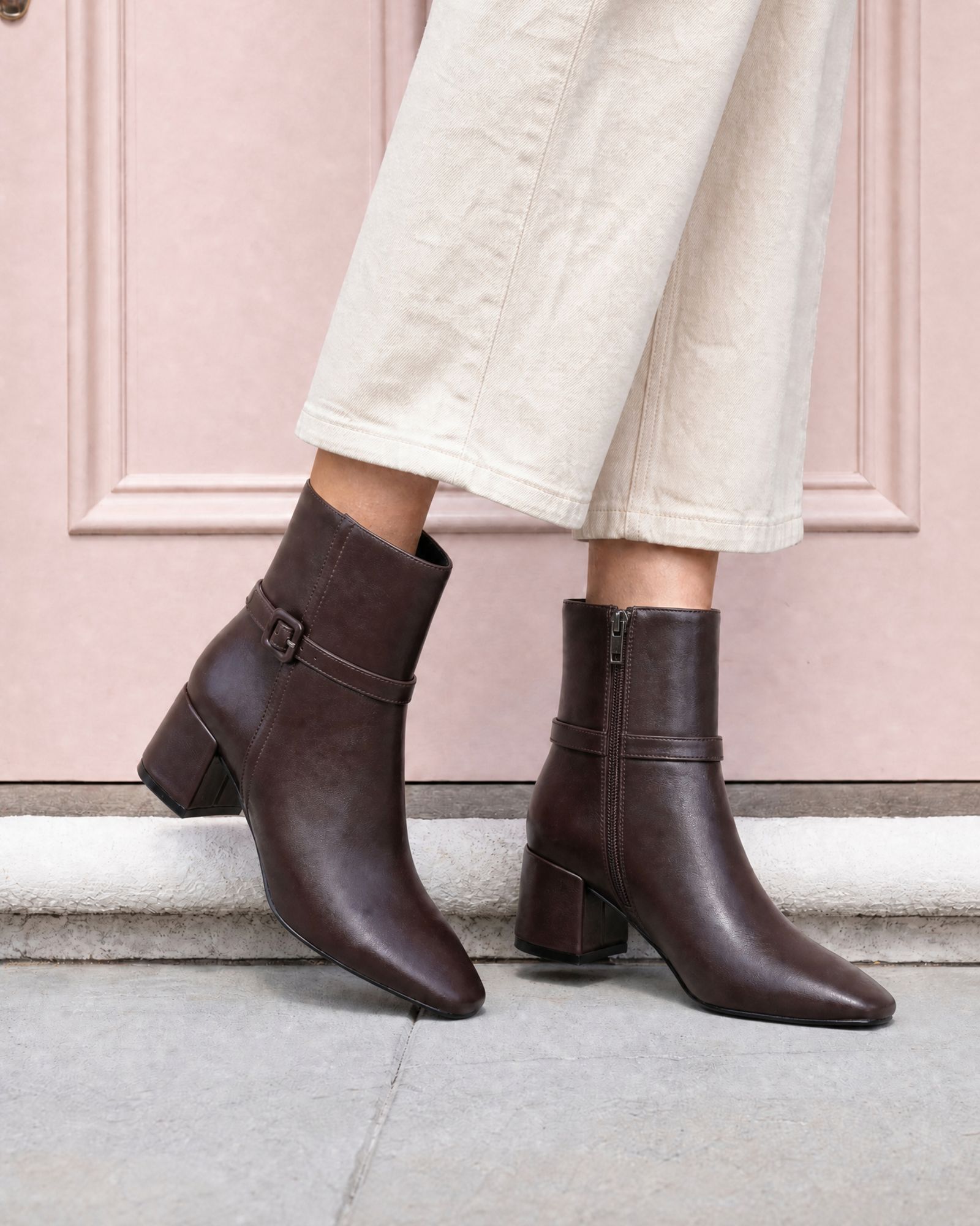 Wide Fit Karla Brown Block Heel Buckle Detail Ankle Boot