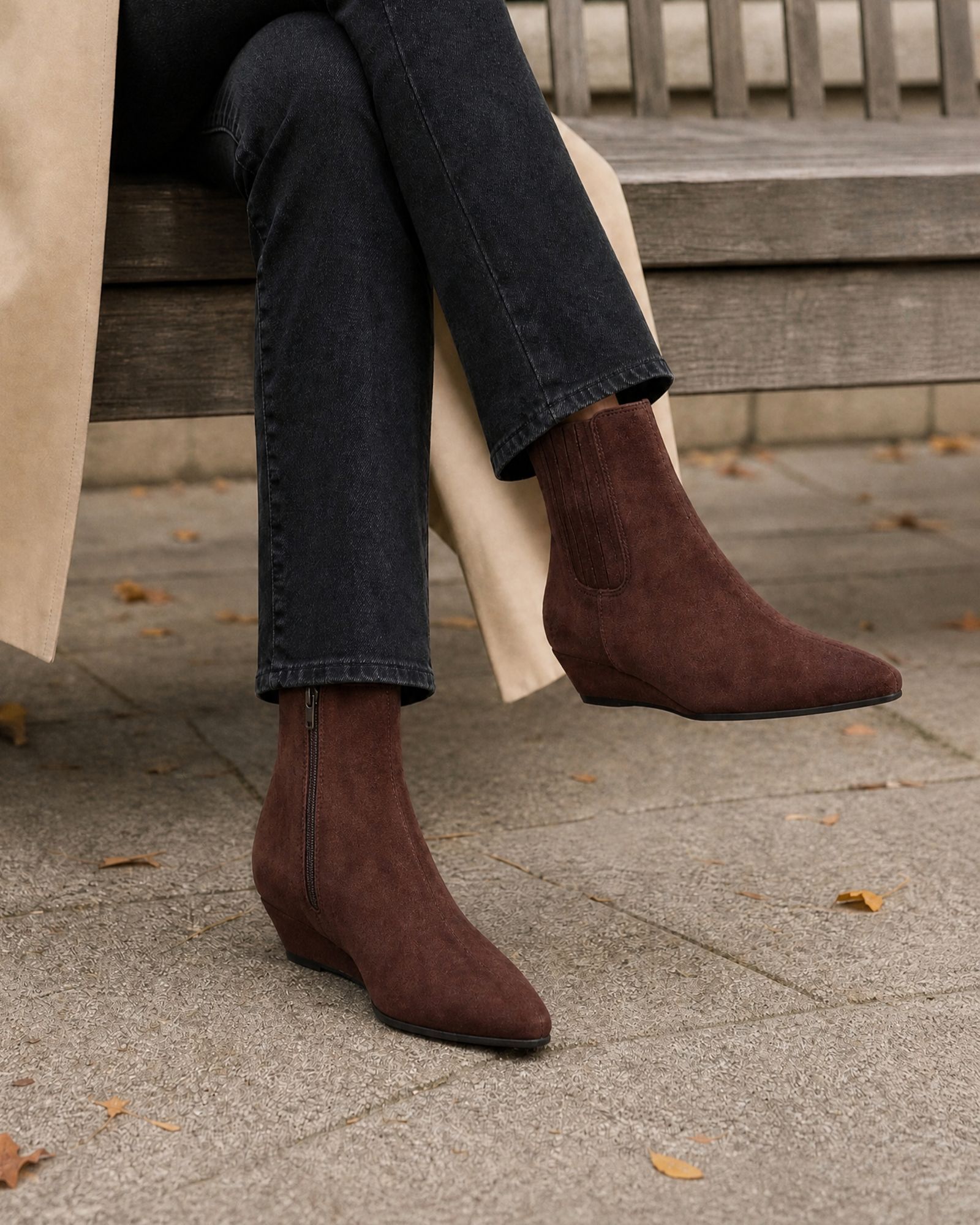Wide Fit Klarissa Brown Low Wedge Chisel Toe Chelsea Ankle Bo