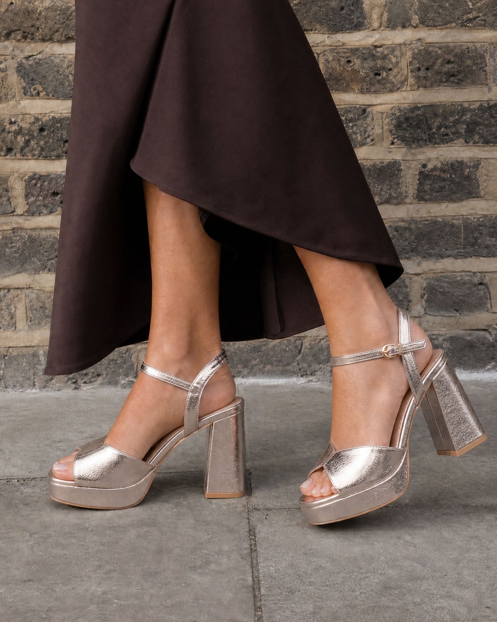 Lucie Gold Platform Block Heel Sandal